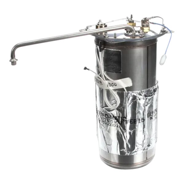 A metal Bunn tank assembly with a pipe attached to it.