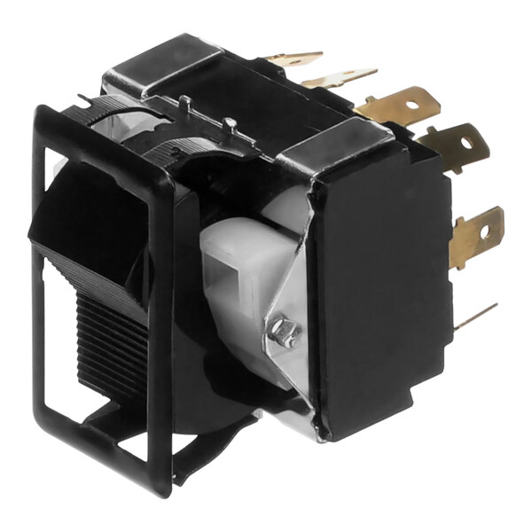 A close-up of a black and white Bunn switch with a black bezel.