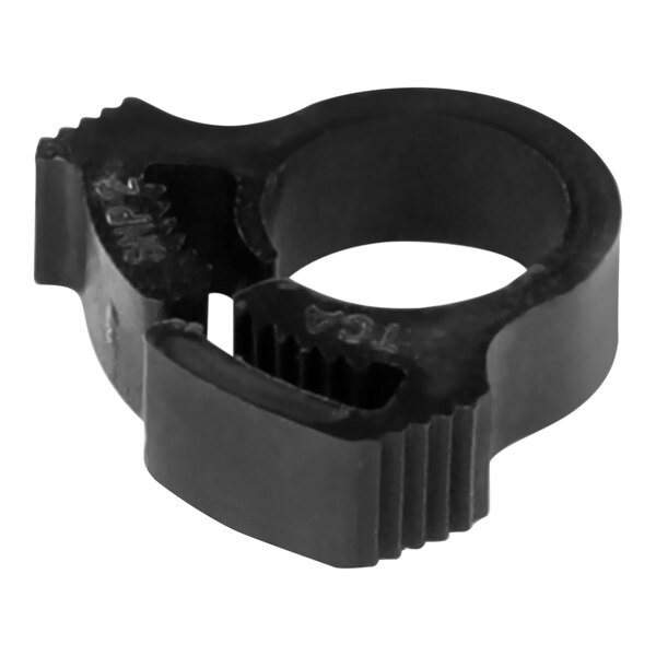 A black plastic Bunn snap type hose clamp ring with a hole in it.