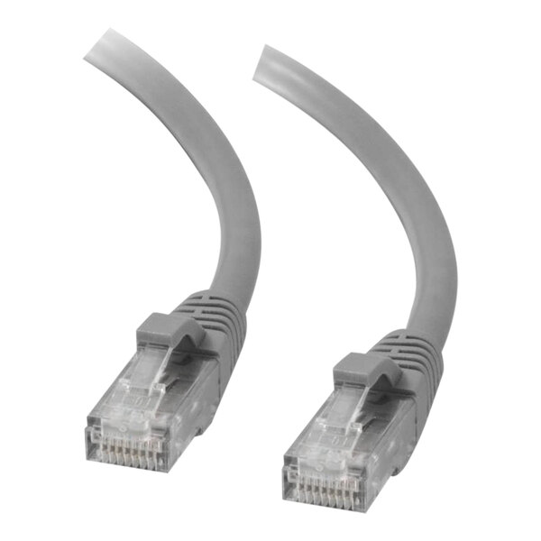 A close-up of a grey C2G Cat5e network patch cable with a white background.