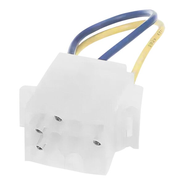 A white box with blue and yellow cables and a white connector.