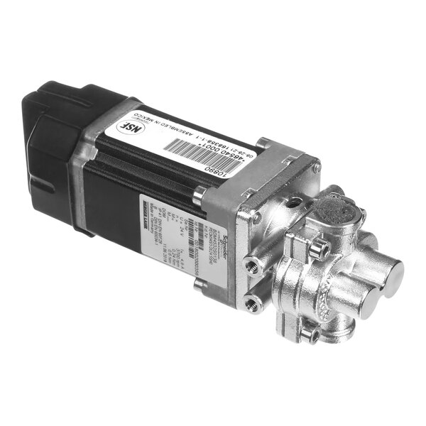 A close-up of a black and silver metal Bunn milk pump.