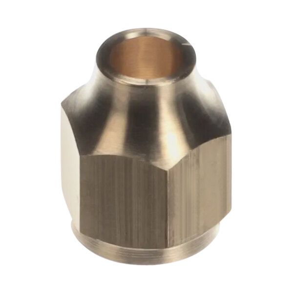 A close-up of a brass threaded nut.