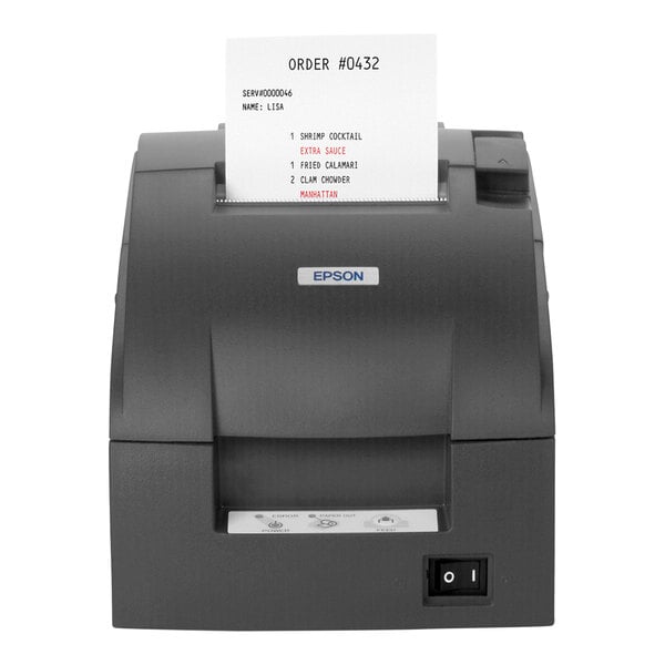 An Epson TM-U220B receipt printer printing a receipt.