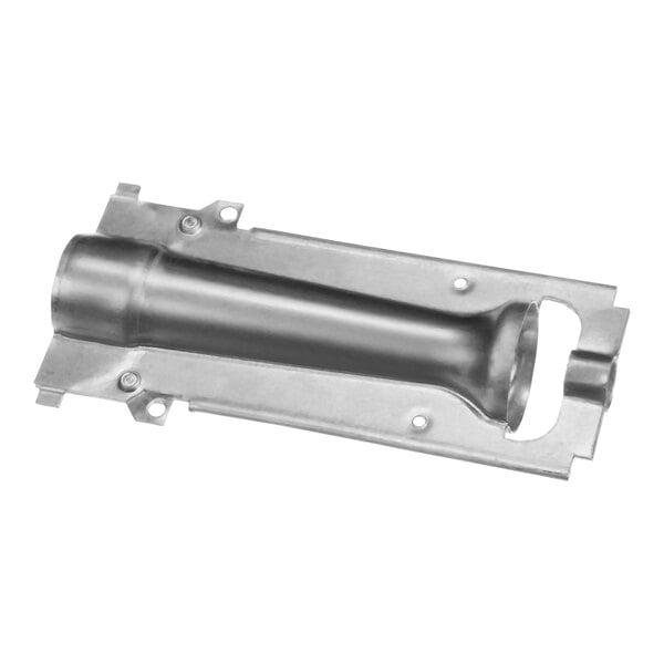 A Carrier burner assembly with a metal pipe and metal pieces with screws.