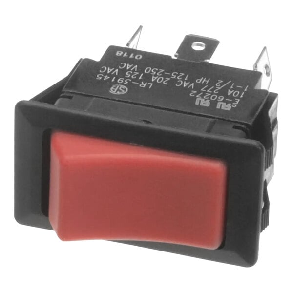 A red rocker switch with a black frame.