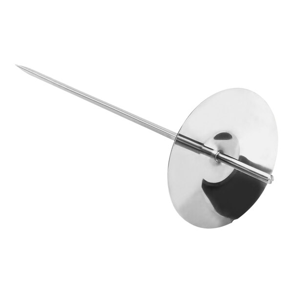 A silver metal rotisserie spit with a black handle.