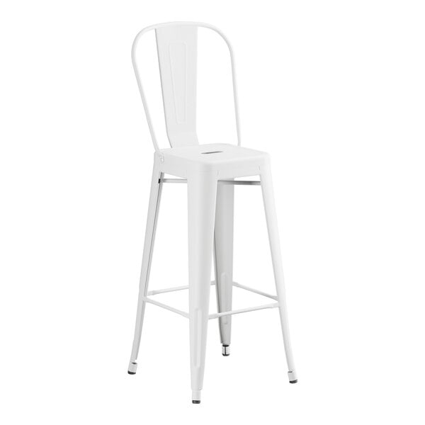 A white metal Lancaster Table & Seating barstool with a white backrest.