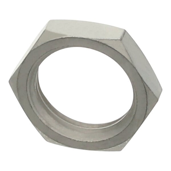 A tin plated brass hex nut.