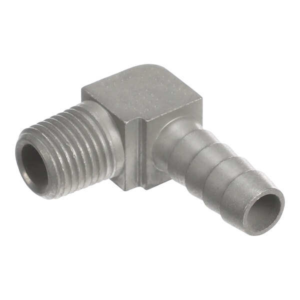 A Bunn tin-plated metal elbow with threaded ends.