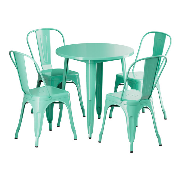 A Lancaster Table & Seating aquamarine table with four chairs.