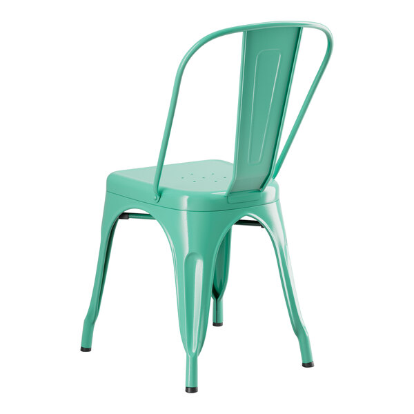 A Lancaster Table & Seating aquamarine metal chair with a seat.