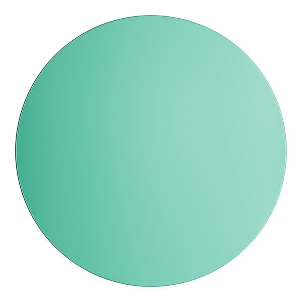 A close-up of a blue round outdoor table top with a white circle in the center.