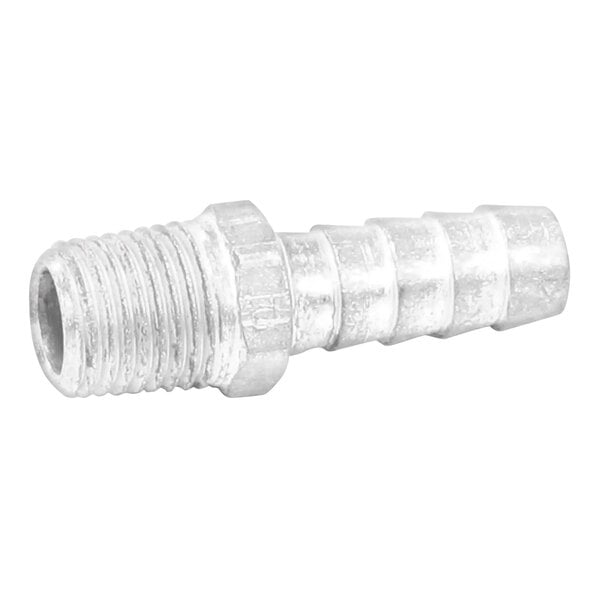 A close-up of a silver Bunn barbed fitting with threaded aluminum ends.