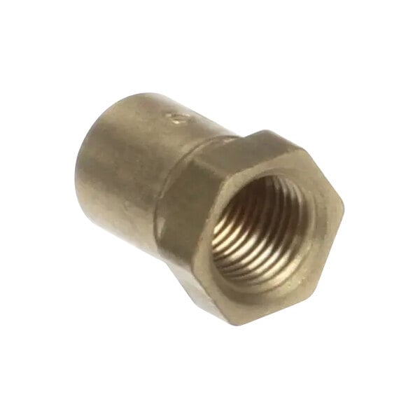 A close-up of a brass threaded nut.