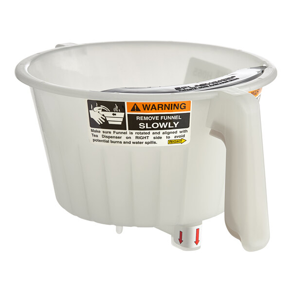 A white Bunn rotational tea funnel assembly with a warning label.