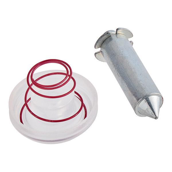 A metal cylinder with a metal and plastic ring with red springs inside.