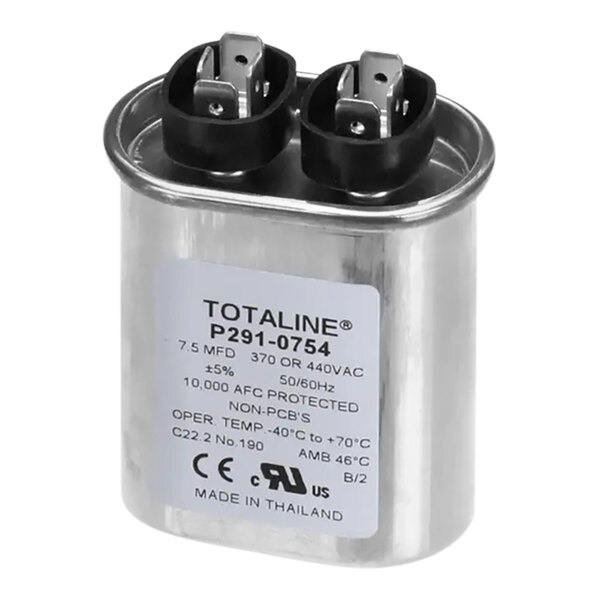 A silver Carrier P291-0754 capacitor with black and white labels.