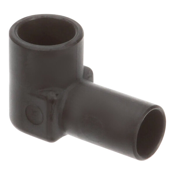 A black plastic pipe elbow.