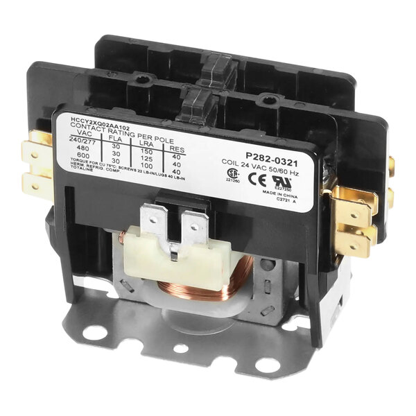 A black and white Carrier P282-0321 contactor with a white label and two wires.