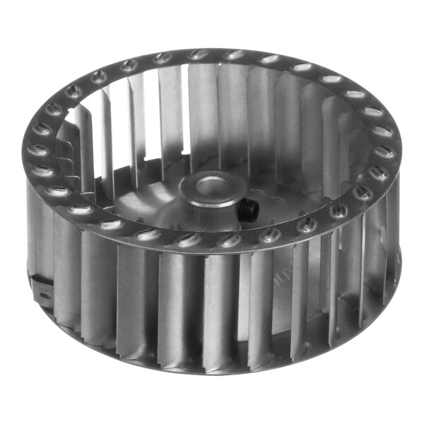 A close-up of a circular metal Carrier wheel with holes.