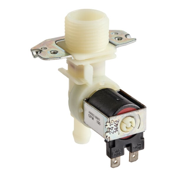 A plastic and metal valve assembly with electrical connectors and threaded inlet, likely used for controlling fluid flow in appliances.