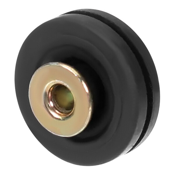 A black rubber grommet with a metal center.