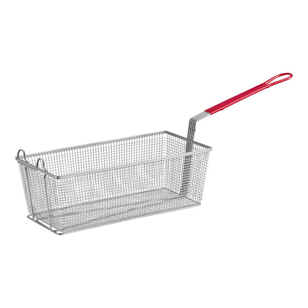 A rectangular chrome-plated fryer basket with a red handle.