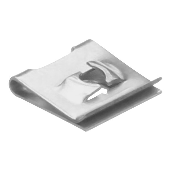 A close-up of a silver metal Bunn U-type fastener clip with a hole.
