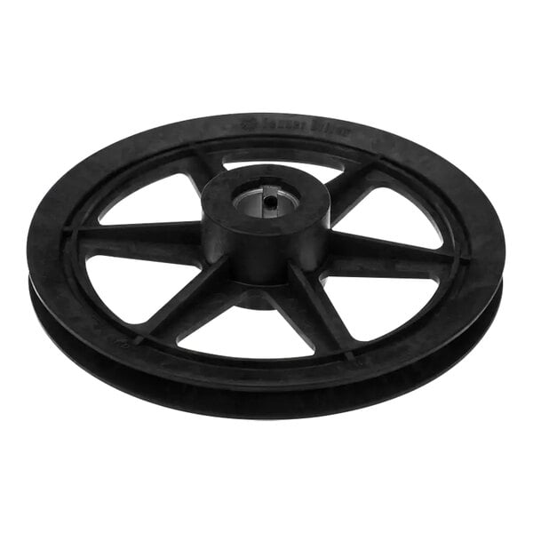 A black blower wheel with a hole in the center and spokes.