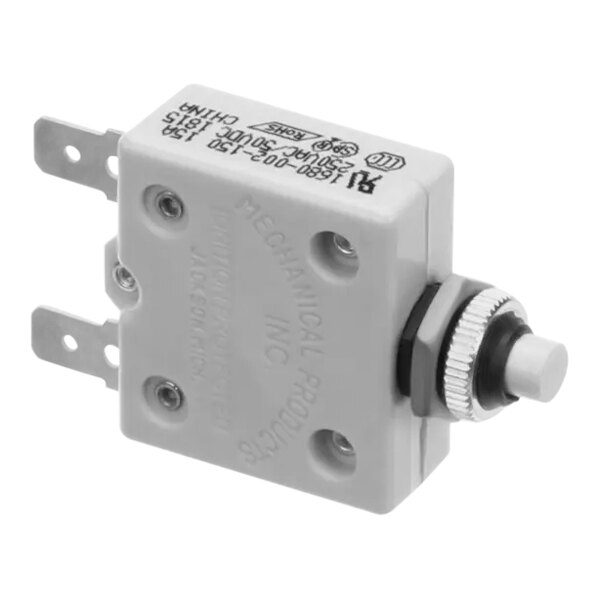 A white electrical device with a small button.