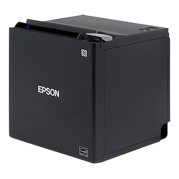 A black Epson OmniLink TM-M30III thermal receipt printer with white text on the front.