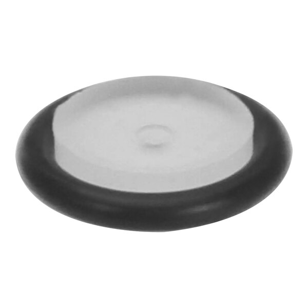 A black and white plastic circular washer with a hole in the middle.