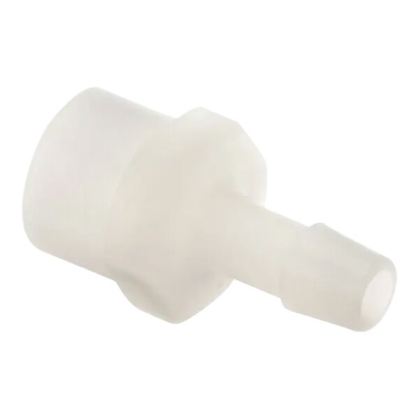 A white plastic tube fitting with a round top and a hole.