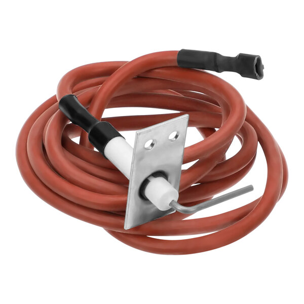 A close-up of a red cable with a metal holder.