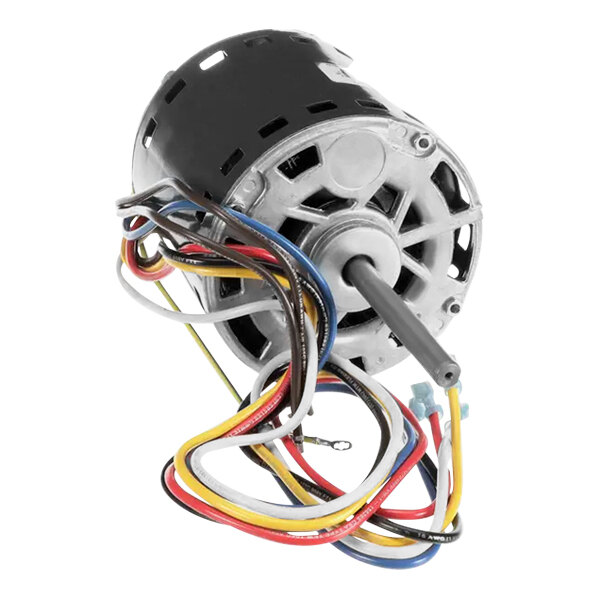 A close-up of a Carrier blower motor with wires.