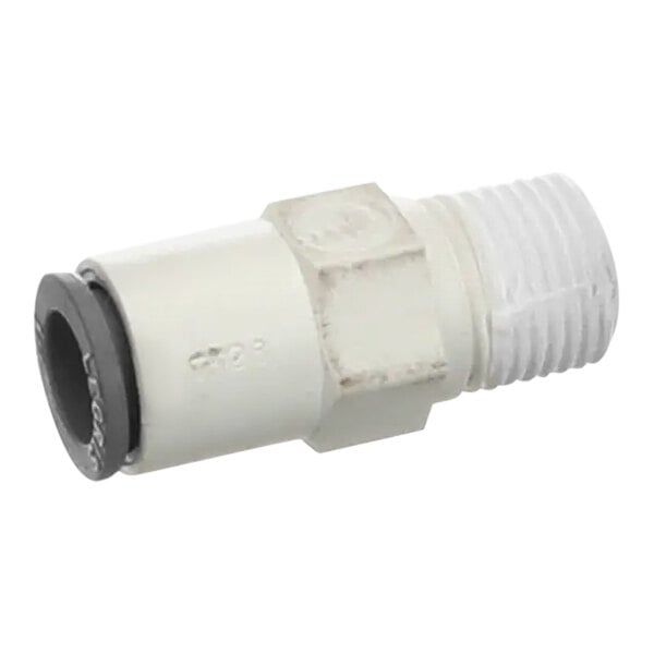 A white plastic pipe fitting with a black ring.