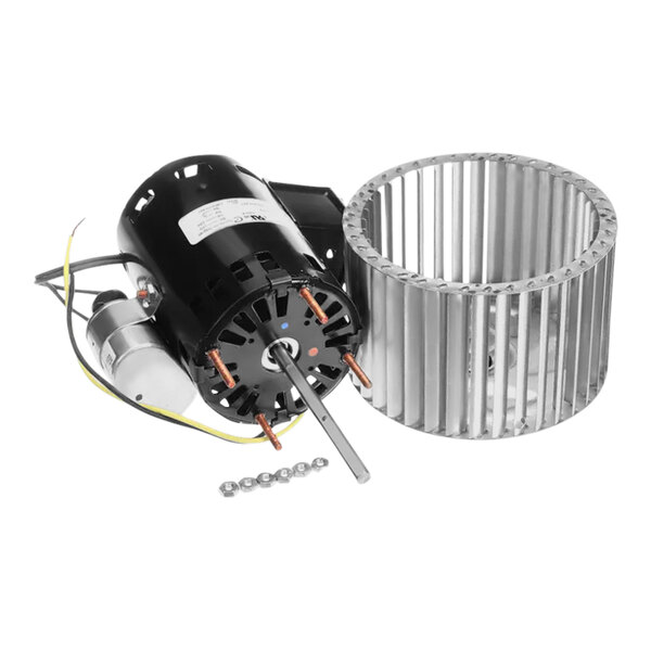 A Carrier 48DJ660007 inducer motor and wheel kit, a black electric motor with wires and a silver cylinder.