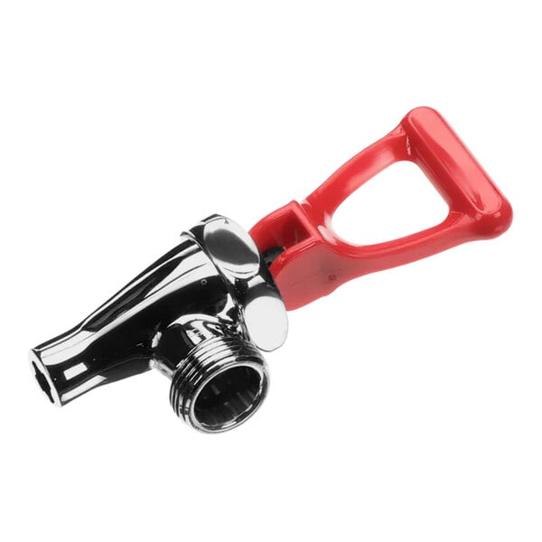 A Bunn faucet assembly with a red handle on a black and silver spigot.
