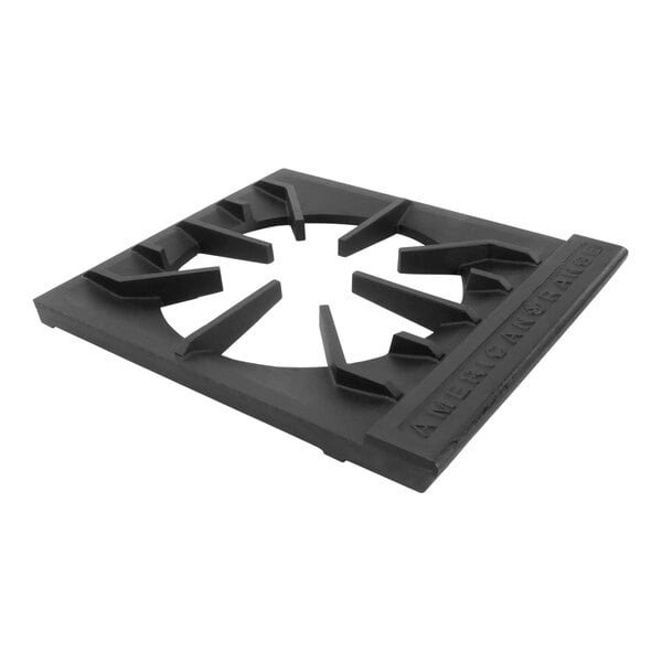 A black square American Range stock pot grate with four holes in the corners.
