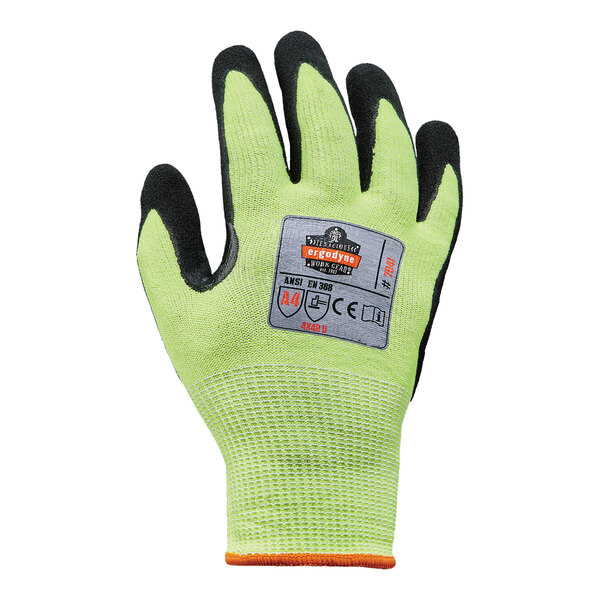 A green and black Ergodyne ProFlex work glove with an orange WSX Nitrile palm coating.