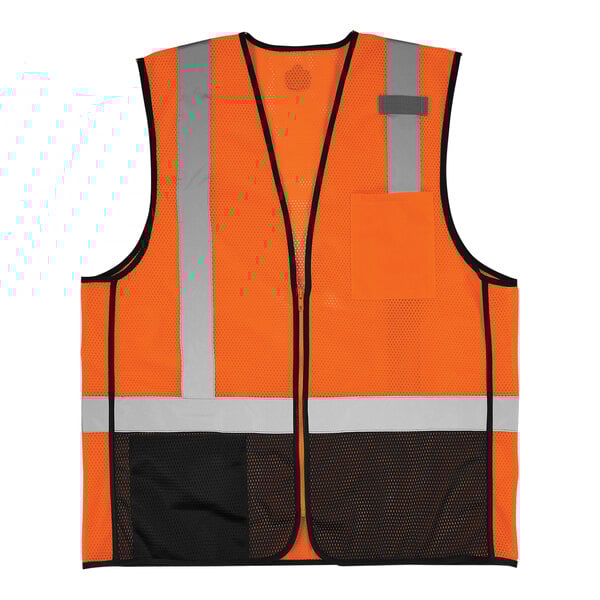 An orange and black Ergodyne safety vest with reflective stripes.