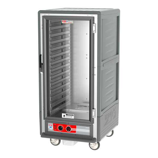 A grey metal Metro holding cabinet with a clear door.