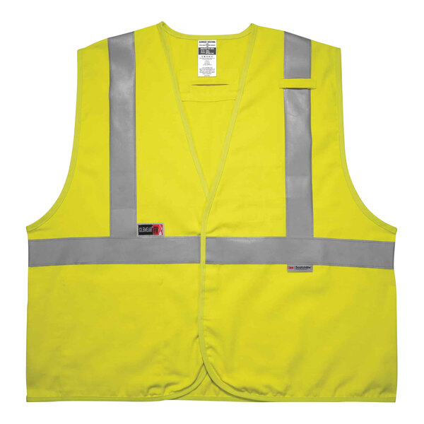 An Ergodyne GloWear lime green high visibility vest with reflective stripes.