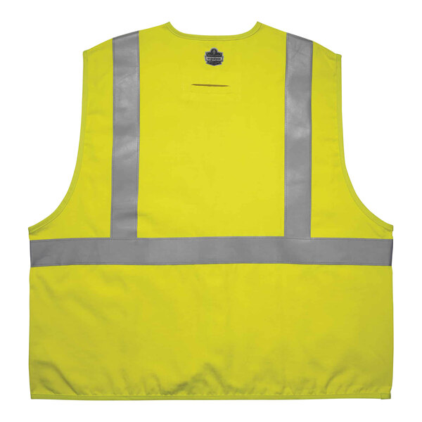A lime green Ergodyne safety vest with reflective stripes.
