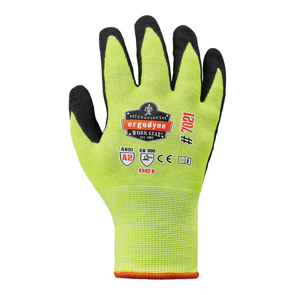 A close-up of an Ergodyne ProFlex Hi-Vis lime green glove with a WSX nitrile palm coating and black tips.