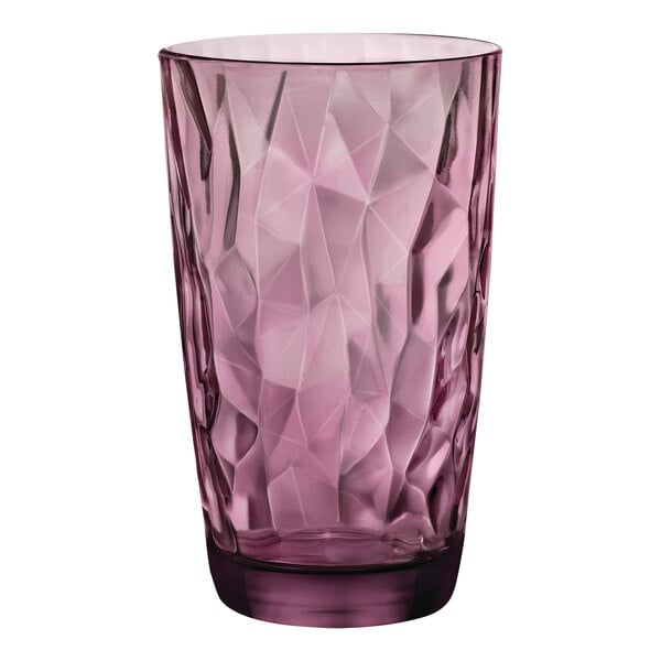 A Bormioli Rocco purple cooler glass with a faceted pattern.