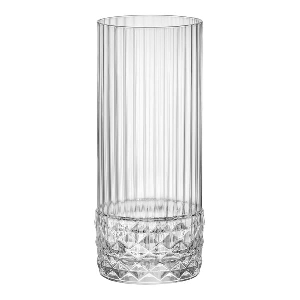 A clear Bormioli Rocco long drink glass with a diamond pattern.