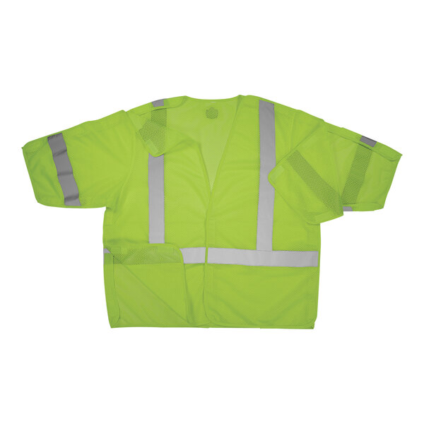 A lime mesh safety vest with reflective stripes and tape.