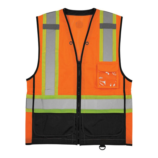 An Ergodyne high visibility orange mesh vest with black front panel and reflective stripes.